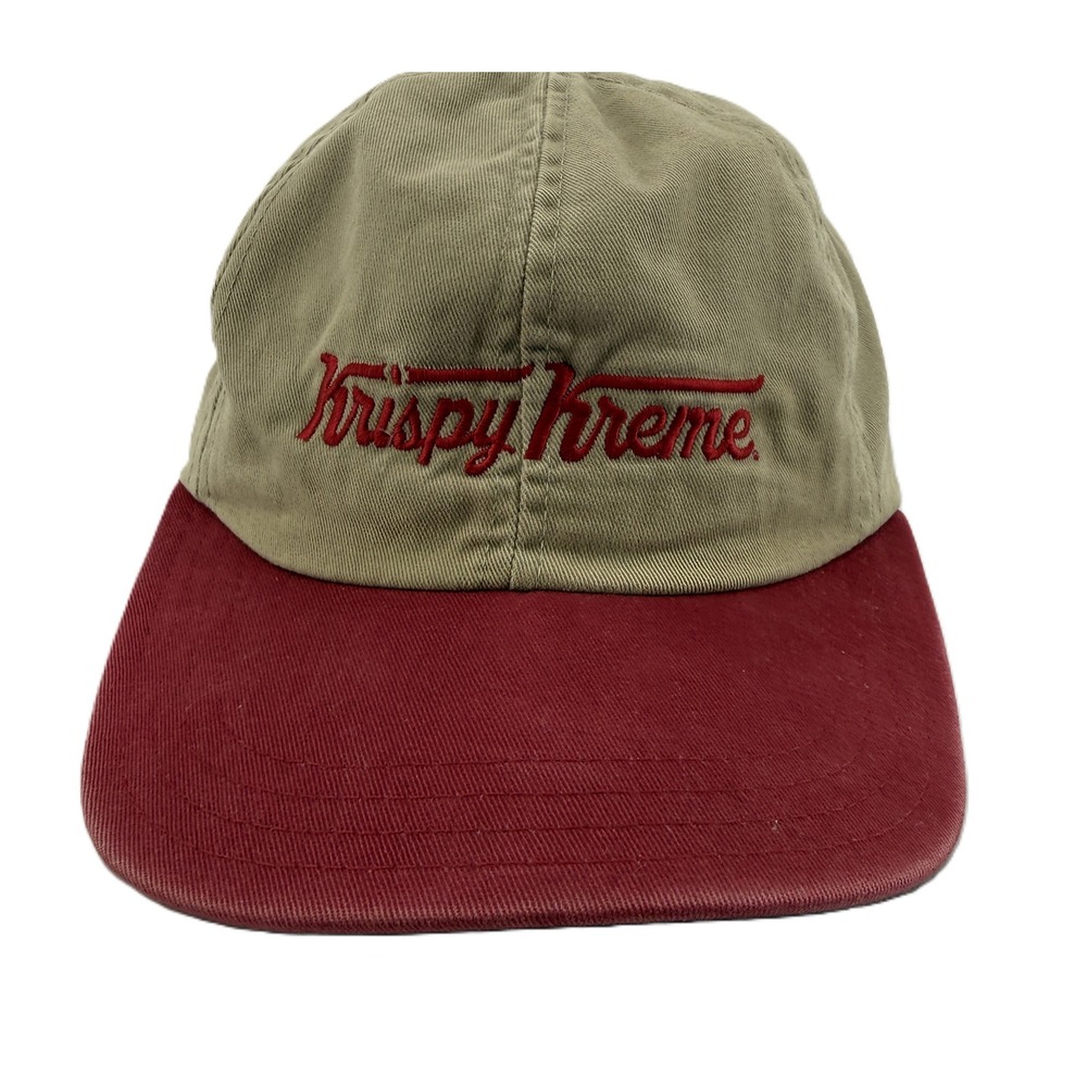 Krispy Kreme Baseball Cap Mens Tan Red Embroidered Strapback Hat USA Vintage
